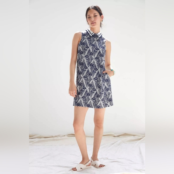 Anthropologie Maeve Lattice Floral Shift Dress Small Petite Navy White - Picture 2 of 11